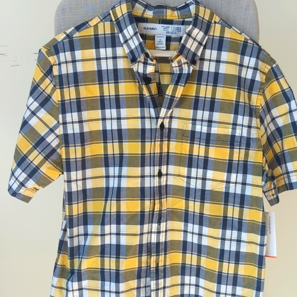 Old Navy Men's Yellow Blue Plaid Shirt Short Sleeve Summer - Slim Fit Size M NWT - Picture 2 of 5